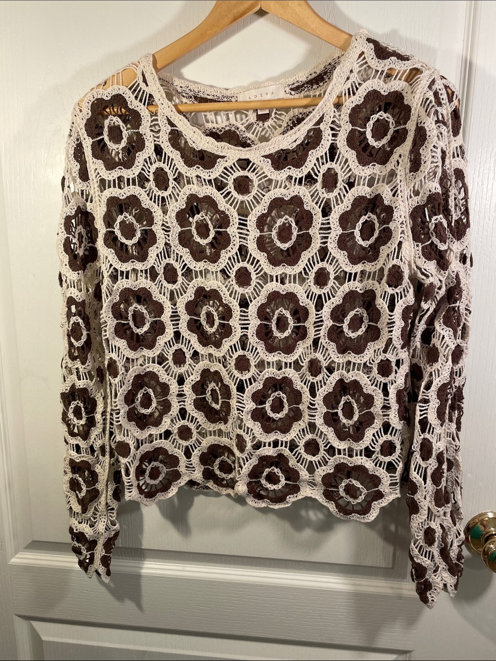 Adiva Crochet Floral Long Sleeve Top - Cream and Brown